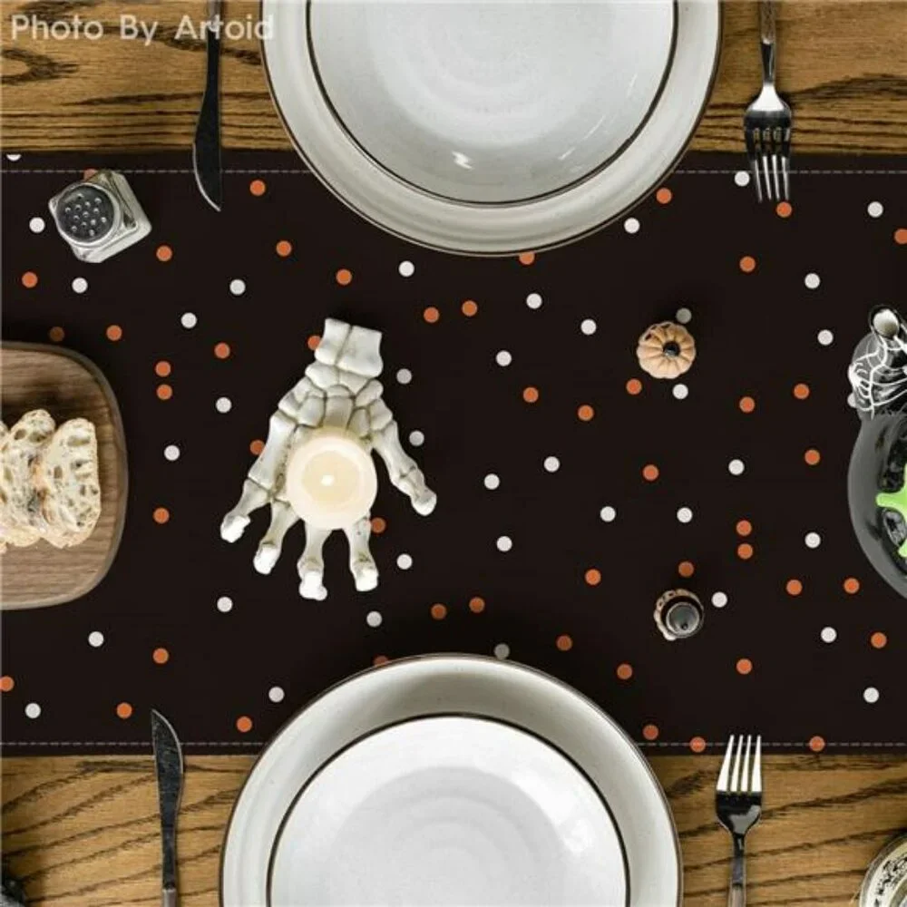 Halloween Table Runner 13x72 Black Boo Ghost Pumpkin Dots Fall Party Table Decor